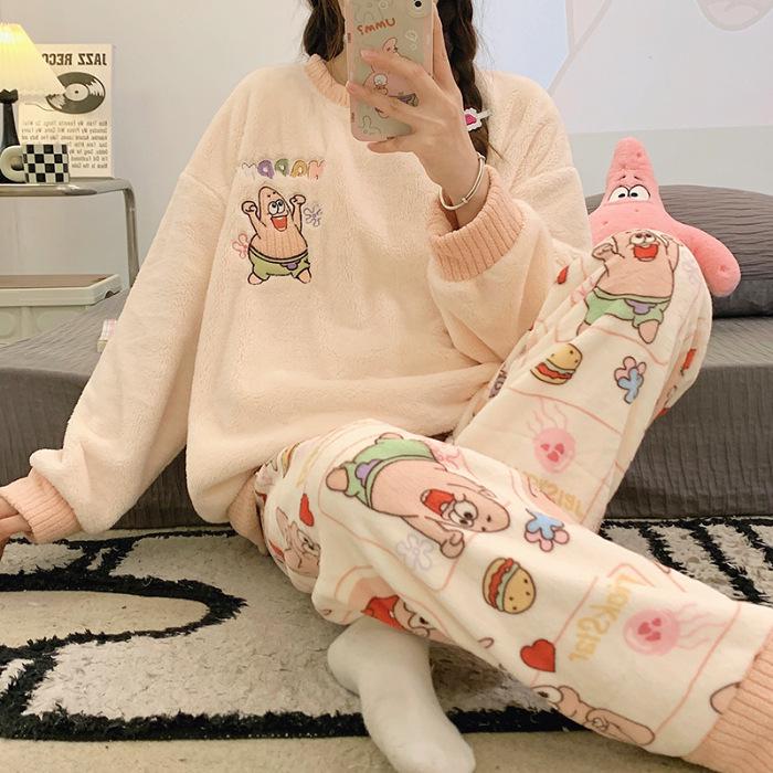 Gemütlicher Flanell-Pyjama mit japanischem Cartoon-Motiv für Damen – Herbst/Winter, Rundhalsausschnitt, Langarm-Homewear-Set M von Joom DACH