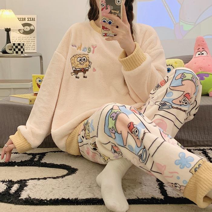 Gemütlicher Flanell-Pyjama mit japanischem Cartoon-Motiv für Damen – Herbst/Winter, Rundhalsausschnitt, Langarm-Homewear-Set M von Joom DACH