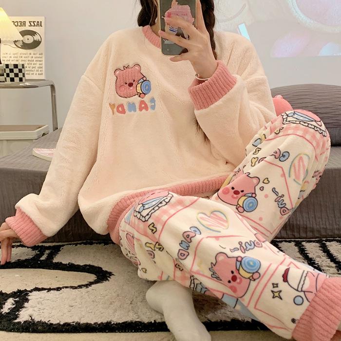 Gemütlicher Flanell-Pyjama mit japanischem Cartoon-Motiv für Damen – Herbst/Winter, Rundhalsausschnitt, Langarm-Homewear-Set XXL von Joom DACH