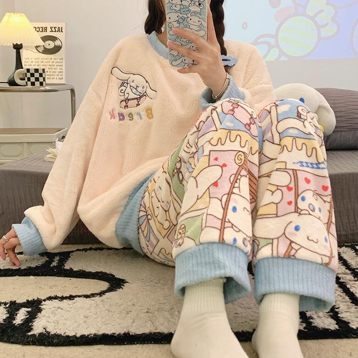 Gemütlicher Flanell-Pyjama mit japanischem Cartoon-Motiv für Damen – Herbst/Winter, Rundhalsausschnitt, Langarm-Homewear-Set XXL von Joom DACH