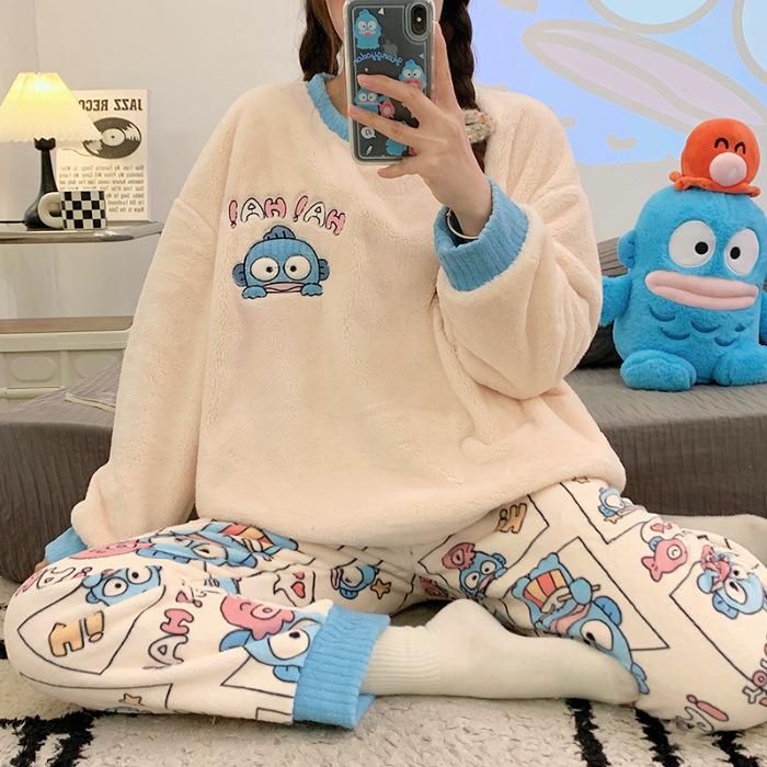 Gemütlicher Flanell-Pyjama mit japanischem Cartoon-Motiv für Damen – Herbst/Winter, Rundhalsausschnitt, Langarm-Homewear-Set XXL von Joom DACH