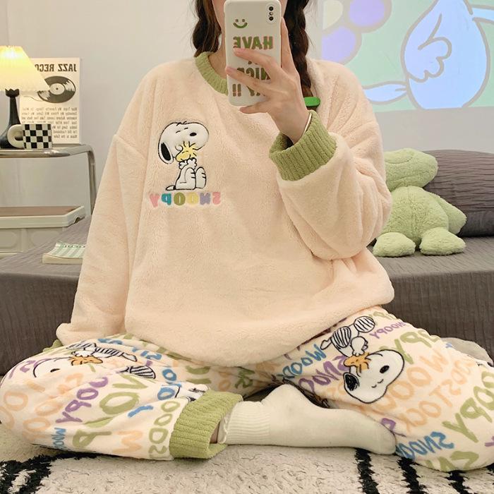 Gemütlicher Flanell-Pyjama mit japanischem Cartoon-Motiv für Damen – Herbst/Winter, Rundhalsausschnitt, Langarm-Homewear-Set XXL von Joom DACH