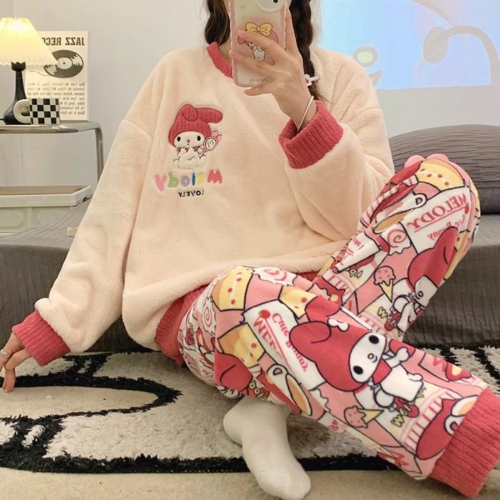 Gemütlicher Flanell-Pyjama mit japanischem Cartoon-Motiv für Damen – Herbst/Winter, Rundhalsausschnitt, Langarm-Homewear-Set XXL von Joom DACH