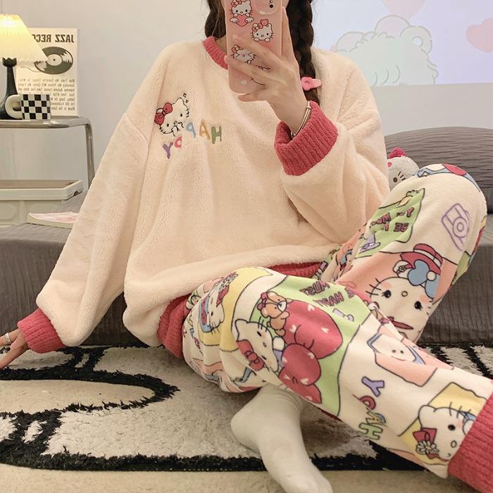 Gemütlicher Flanell-Pyjama mit japanischem Cartoon-Motiv für Damen – Herbst/Winter, Rundhalsausschnitt, Langarm-Homewear-Set XXL von Joom DACH