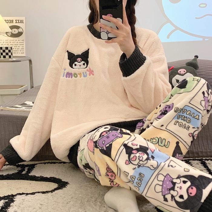 Gemütlicher Flanell-Pyjama mit japanischem Cartoon-Motiv für Damen – Herbst/Winter, Rundhalsausschnitt, Langarm-Homewear-Set XXL von Joom DACH