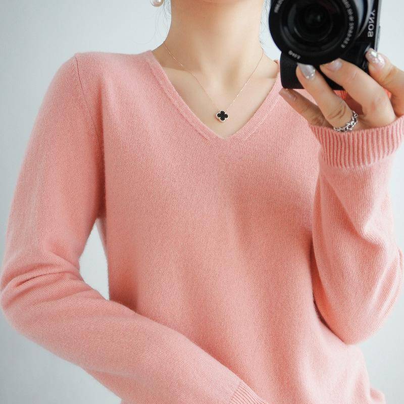 Gemütlicher Strickpullover für Damen, Kaschmirpullover, V-Ausschnitt, flauschiger Slim-Fit-Pullover M rosa von Joom DACH