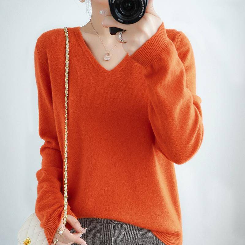 Gemütlicher Strickpullover für Damen, Kaschmirpullover, V-Ausschnitt, flauschiger Slim-Fit-Pullover XXXL orange von Joom DACH