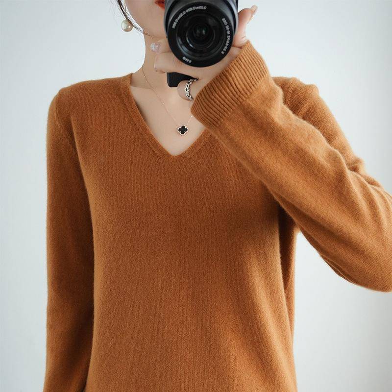 Gemütlicher Strickpullover für Damen, Kaschmirpullover, V-Ausschnitt, flauschiger Slim-Fit-Pullover XXXL braun von Joom DACH