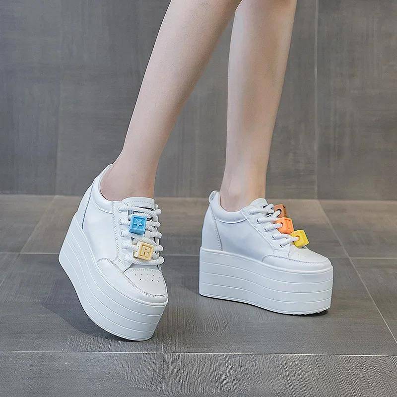 Genuine Leather 12cm Autumn Chunky Sneakers Wedge Platform Lace Breathable Heels Hollow Shoes Vulcanized Spring Women Shoes 36 weiß von Joom DACH