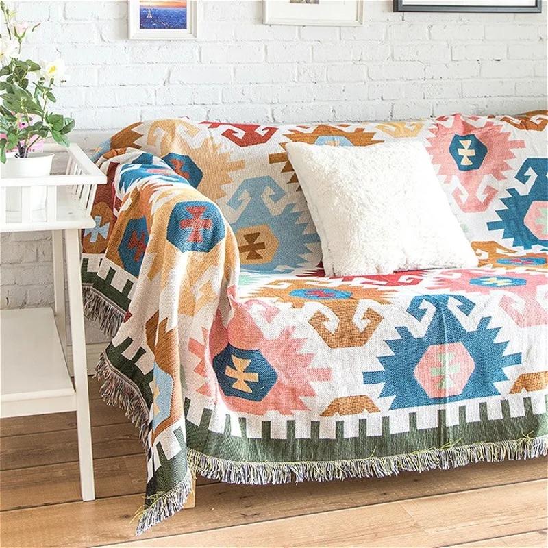 Geometrische Sofadecke im ethnischen Stil, Freizeitdecke, Wandteppich, weiche, warme Baumwolldecke, leichte Sofadecke für Frühling und Herbst 130x160CM(extra larg von Joom DACH