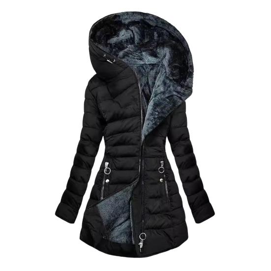 Gepolsterte Winterjacke für Damen in Übergröße mit Plüschfutter, gepolsterter Reißverschluss, mittellange Oberbekleidung mit Kapuze, einfarbig, warm, winddicht, Daunenmantel XXXXL Gepolsterte Winterjacke für Damen in Übergröße mit Plüschfutter, gepolsterter Reißverschluss, mittellange Oberbekleidung mit Kapuze, einfarbig, warm, winddicht, Daunenmantel XXXXL von Joom DACH