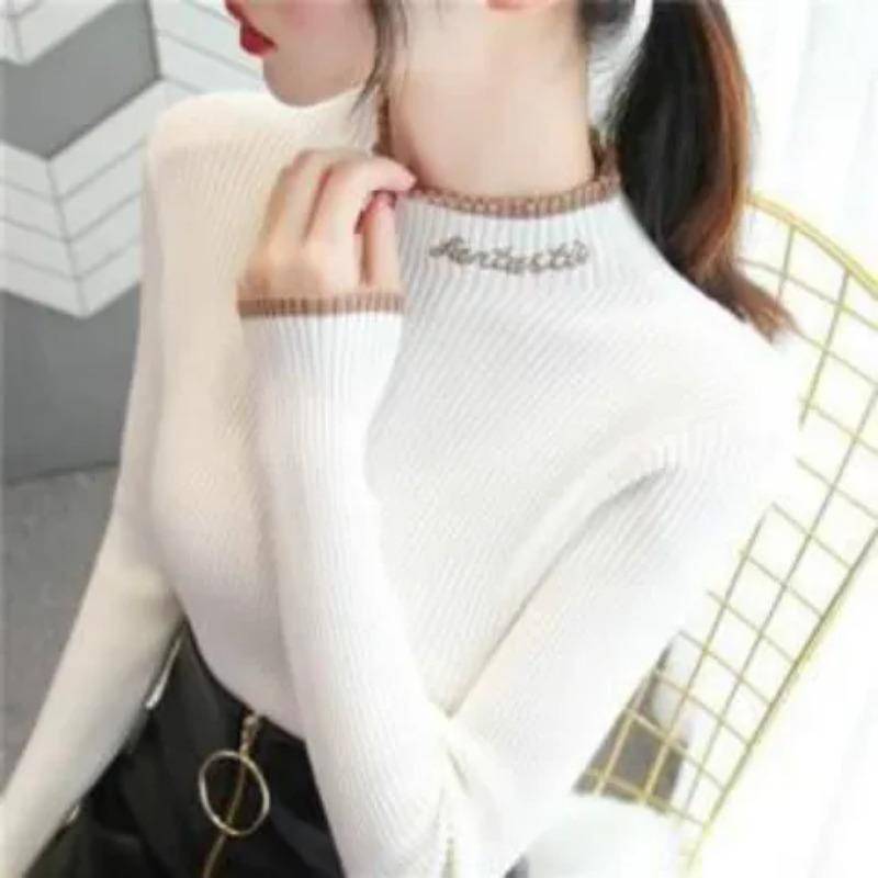 Gepolsterter Halber Stehkragen Koreanischer Pullover Tägliches Unterhemd Damen Herbst und Winter Innen Der Gestrickte Pullover XXL weiß von Joom DACH