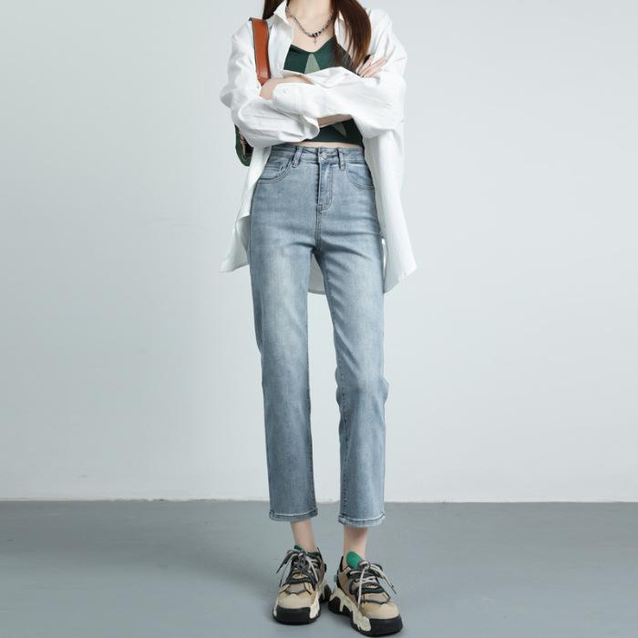 Gerade Jeans für Damen mit hoher Taille Slim French Stretch Neun-Punkte-Hose für Damen Im Herbst und Winter Locker Hellblau Retro Blau 32 von Joom DACH