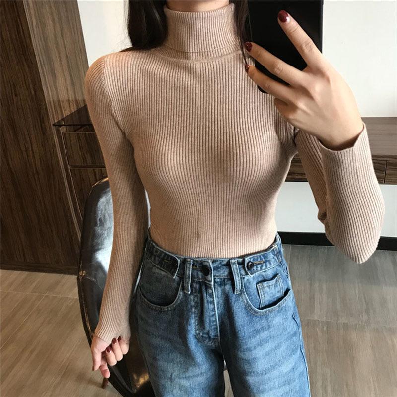 Gerippte Pullover Frauen Pullover Jumper Winter Schlank Rollkragen Gestrickte Pullover Weibliche Weiche Warme Langarm Strickwaren Pullover One Size khaki von Joom DACH