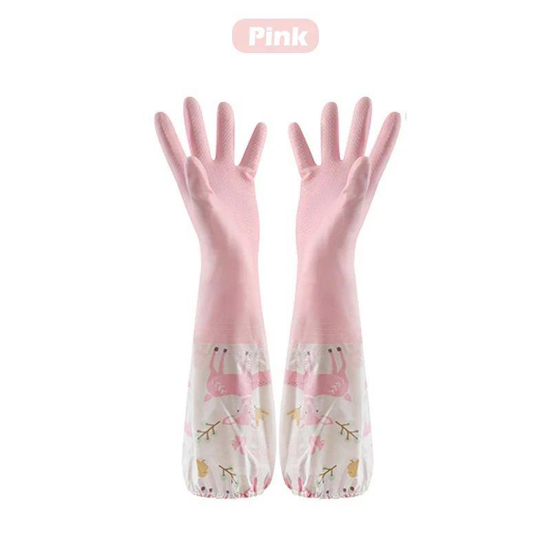 Geschirrspülhandschuhe Haushaltsarbeit Spleißen Ärmel wasserdichte Handschuhe Plüsch Gummiband Mund Gummihandschuhe M rosa von Joom DACH