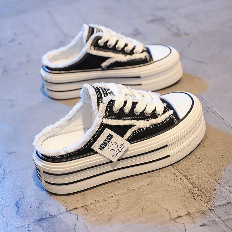 Geschlossene Zehen-Hausschuhe für Damen, Sommer, Outdoor-Kleidung, neue Canvas-Schuhe, ohne Absatz, All-Match, Lazy Semi Slipper, dicke Unterseite, Ins Fashion 38 schwarz von Joom DACH