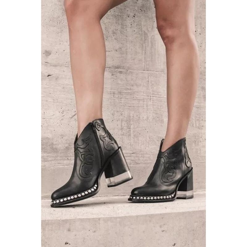 Gestickte Modestiefel Damen Nieten Kristall High Heels Kurze Stiefel Stiefeletten 38 schwarz von Joom DACH