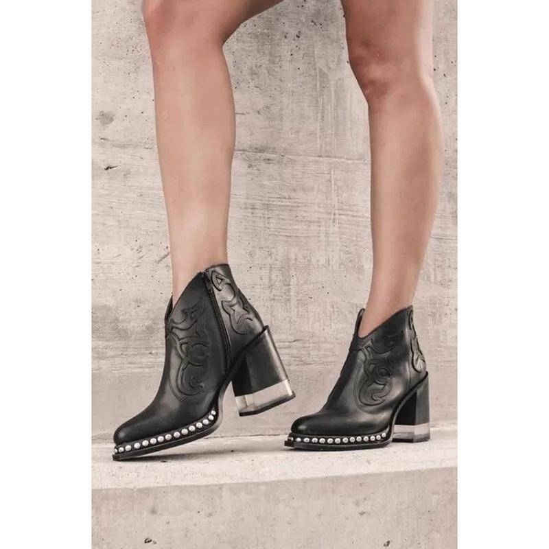 Gestickte Modestiefel Damen Nieten Kristall High Heels Kurze Stiefel Stiefeletten 38 schwarz von Joom DACH