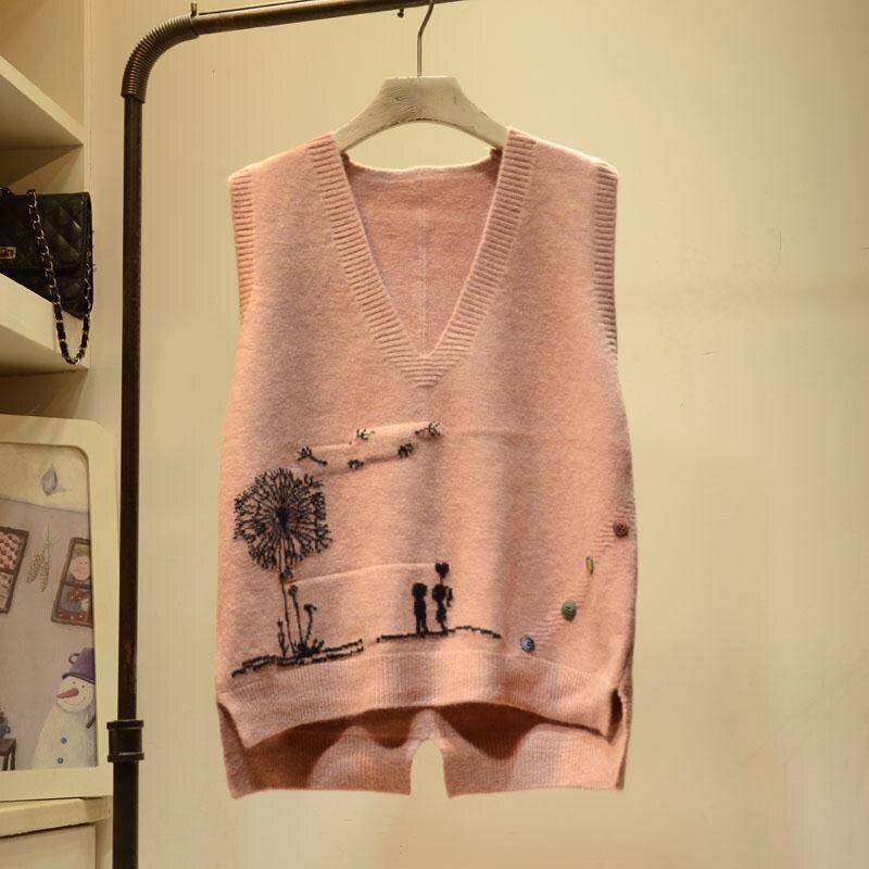 Gestickte V-ausschnitt Strick Pullover Weste Femal Cartoon-Muster Rüschen Lose Ärmellose Bodenbildung Pullover Pullover Weste Frauen 2021 One Size rosa von Joom DACH
