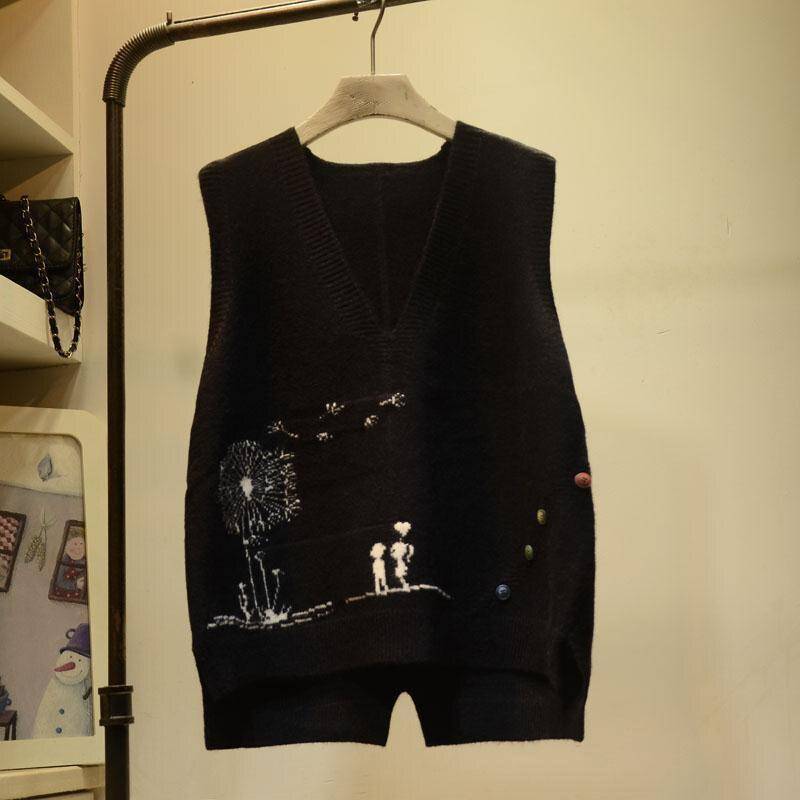 Gestickte V-ausschnitt Strick Pullover Weste Femal Cartoon-Muster Rüschen Lose Ärmellose Bodenbildung Pullover Pullover Weste Frauen 2021 One Size schwarz von Joom DACH