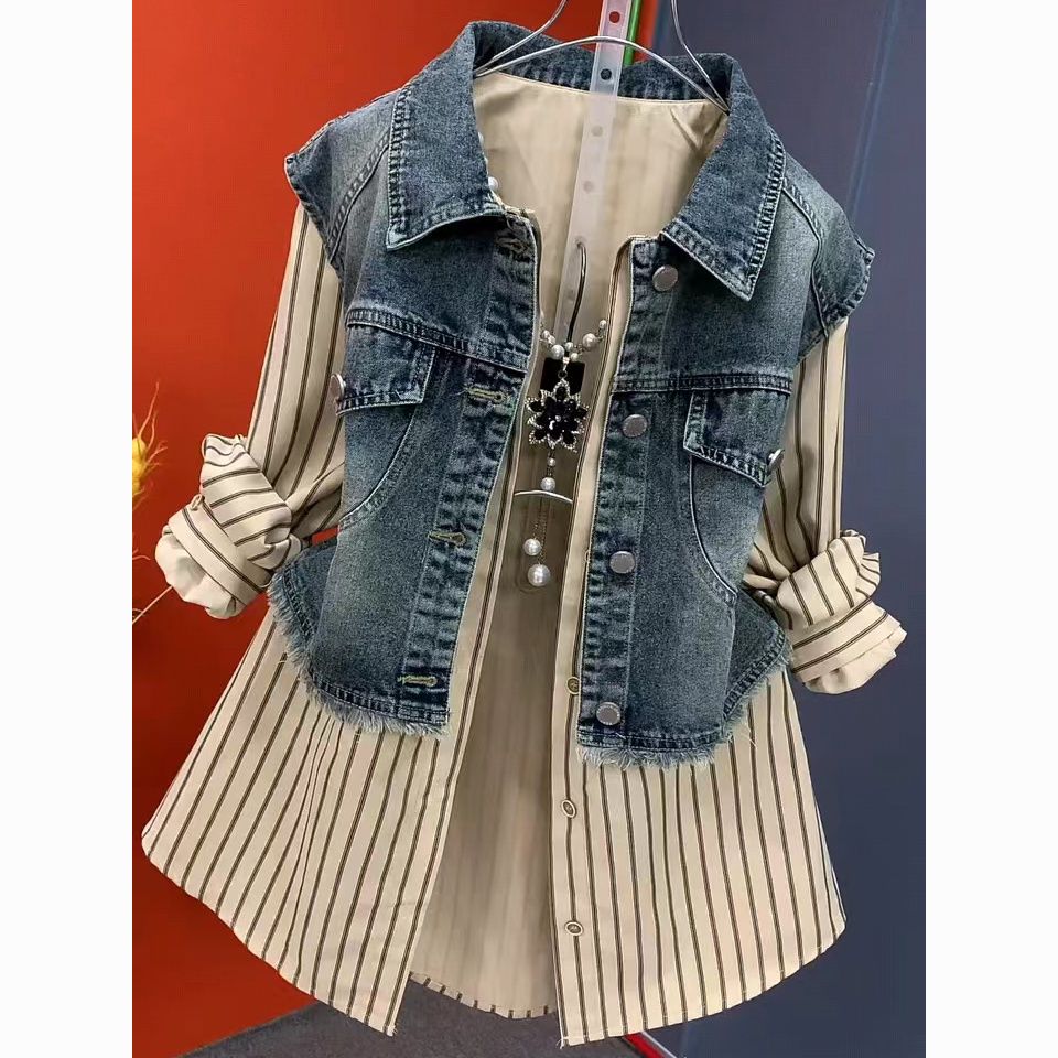 Gestreifte Hemdjacke aus gewaschenem Denim-Patchwork. Modische Jeansjacken für Damen im Frühling und Sommer, neuer Cowboy-Stil, zweiteiliger Hemdmantel XXL von Joom DACH