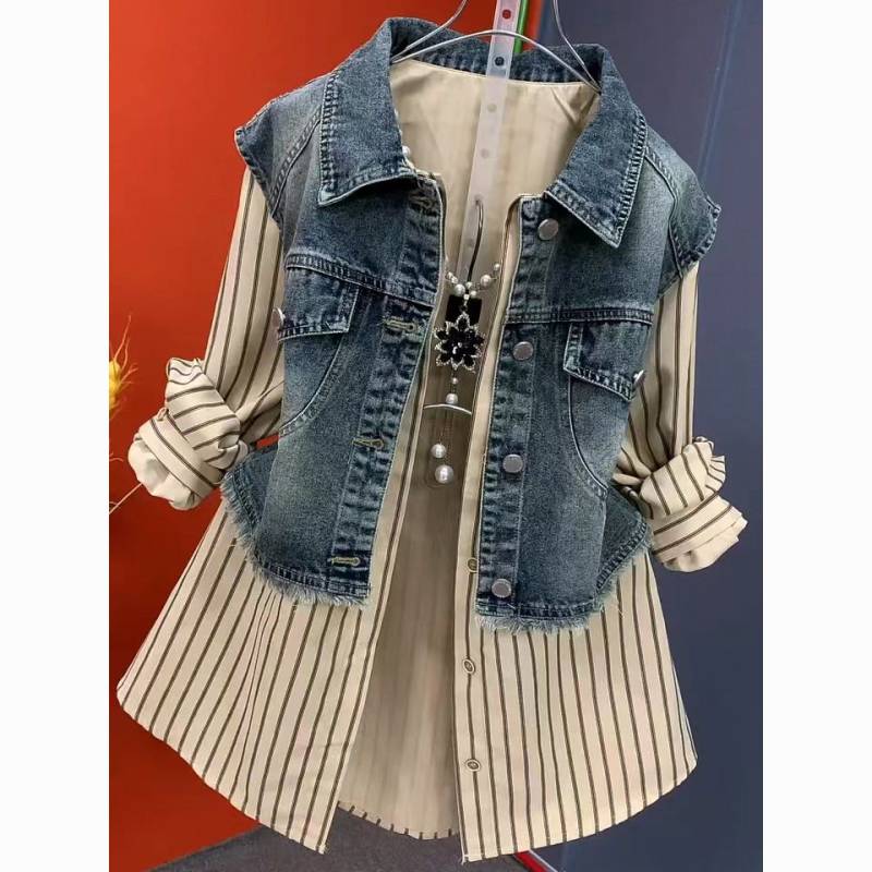 Gestreifte Hemdjacke aus gewaschenem Denim-Patchwork. Modische Jeansjacken für Damen im Frühling und Sommer, neuer Cowboy-Stil, zweiteiliger Hemdmantel XXL von Joom DACH