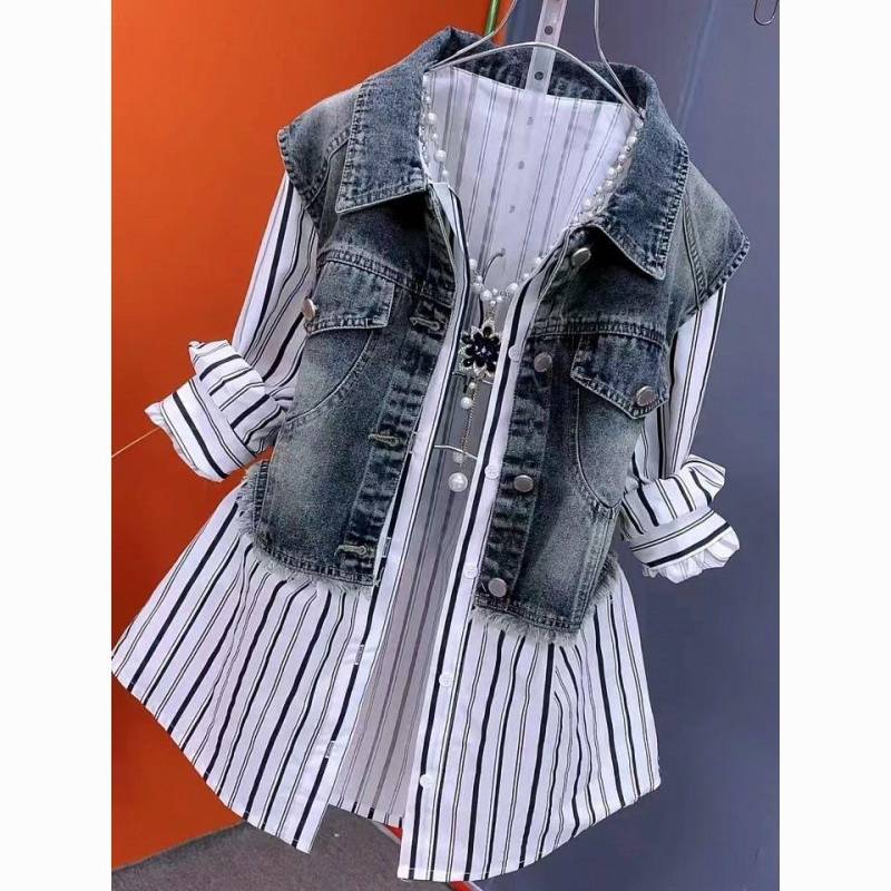 Gestreifte Hemdjacke aus gewaschenem Denim-Patchwork. Modische Jeansjacken für Damen im Frühling und Sommer, neuer Cowboy-Stil, zweiteiliger Hemdmantel XXXXL von Joom DACH