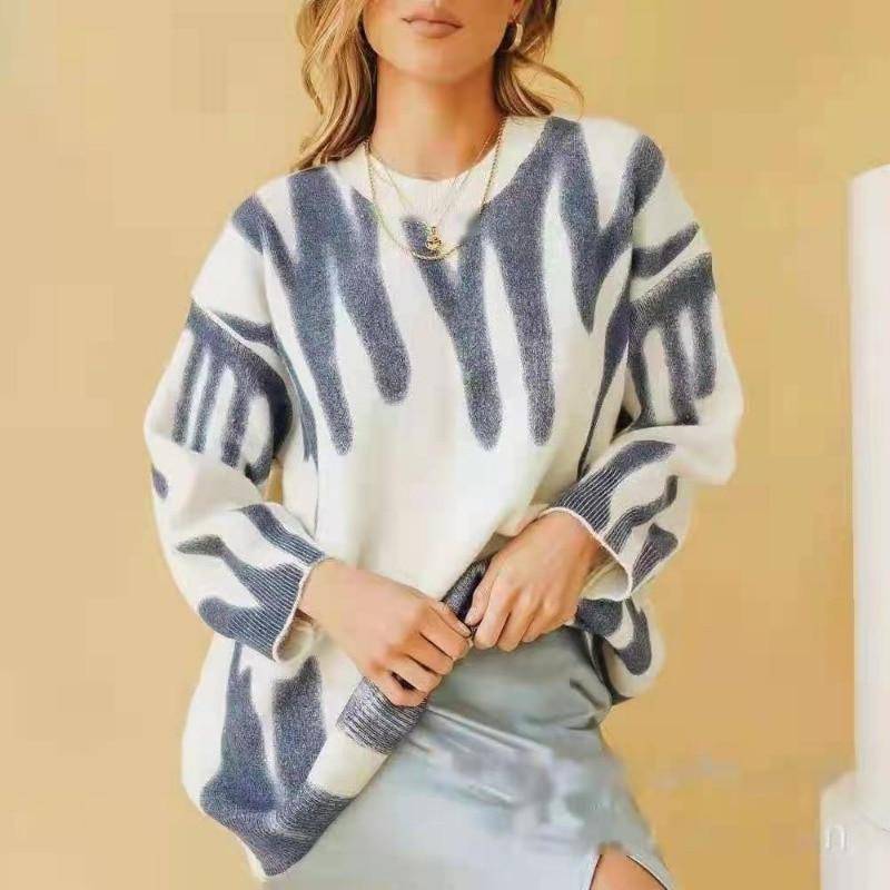Gestreifte Krawatte gefärbte Pullover Strickpullover Frauen Herbst Langarm lose Pullover Casual Winter Wollpullover Frauen 28391 One Size geblümt von Joom DACH