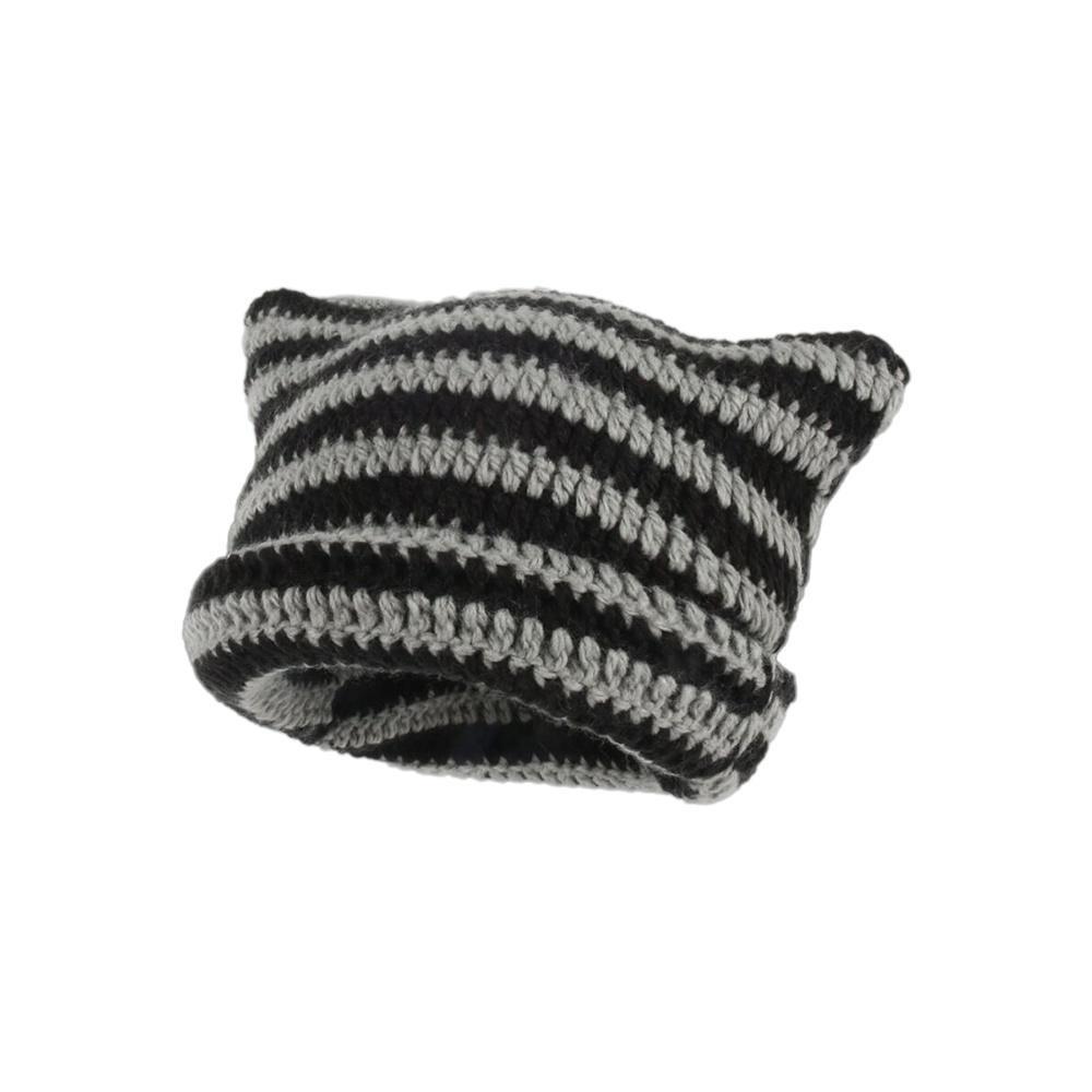 Gestreifte Strickmütze, gehäkelt, süße Katzenohren, Beanie-Mütze für Damen und Mädchen, modisch von Joom DACH