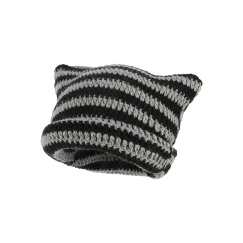 Gestreifte Strickmütze, gehäkelt, süße Katzenohren, Beanie-Mütze für Damen und Mädchen, modisch von Joom DACH