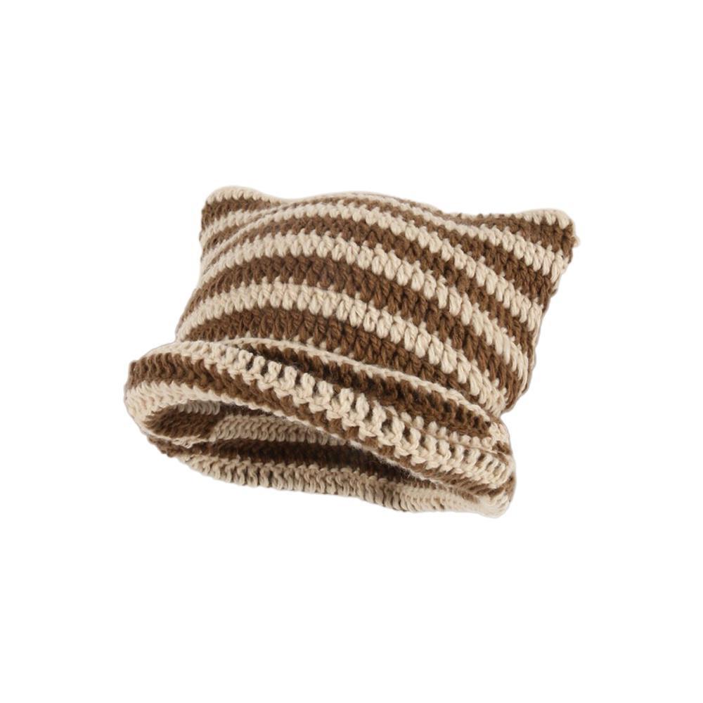 Gestreifte Strickmütze, gehäkelt, süße Katzenohren, Beanie-Mütze für Damen und Mädchen, modisch von Joom DACH