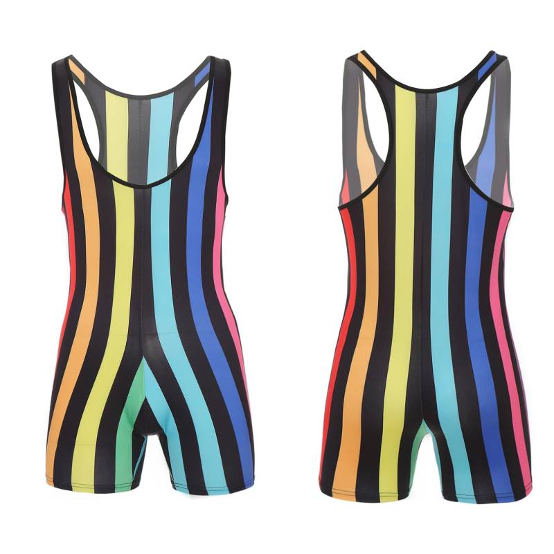 Gestreifter Ringer-Unterhemd für Herren, Boxer-Body, Gewichtheben, dehnbarer Trikot-Shapewear XL schwarz/blau von Joom DACH