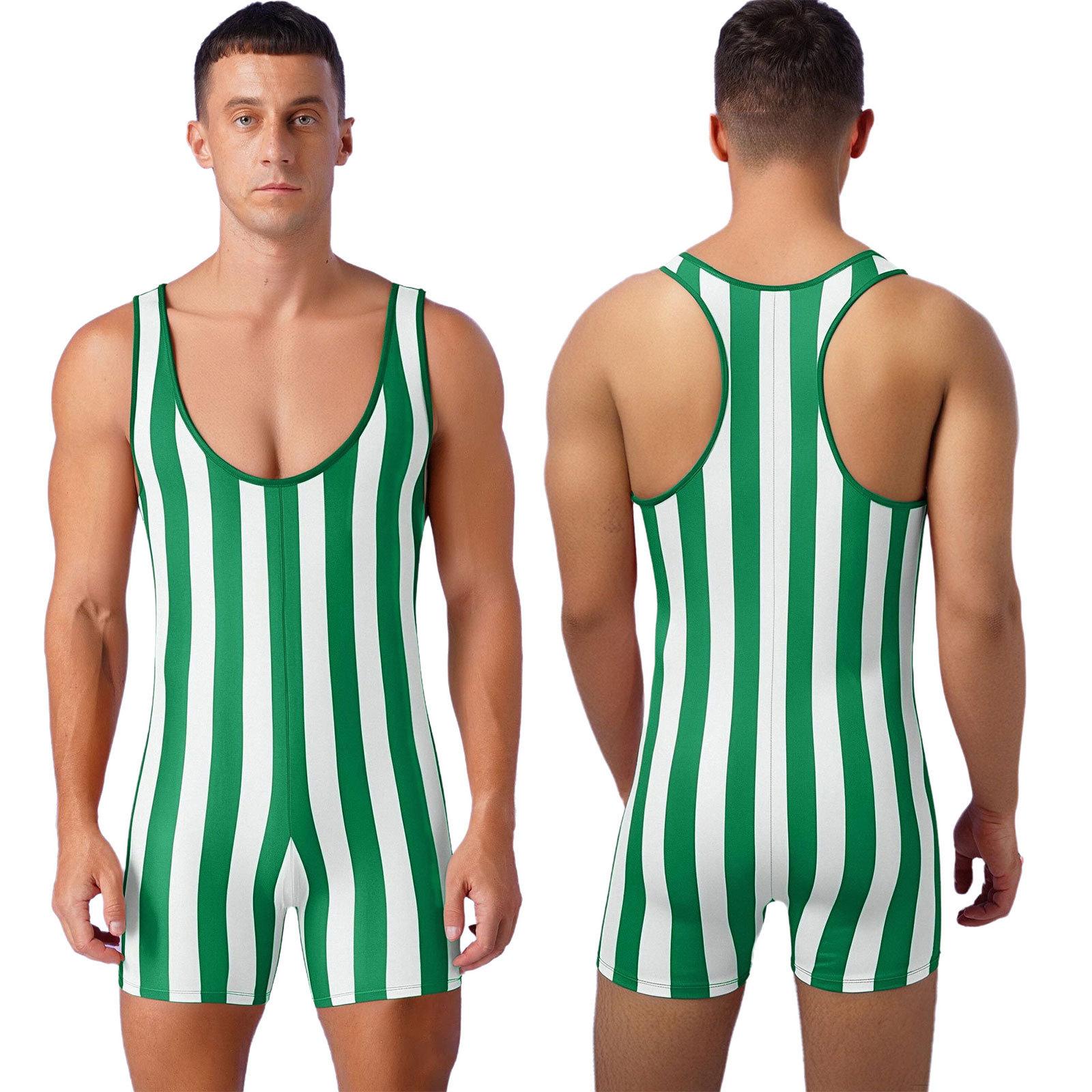 Gestreifter Ringer-Unterhemd für Herren, Boxer-Body, Gewichtheben, dehnbarer Trikot-Shapewear XL grün von Joom DACH