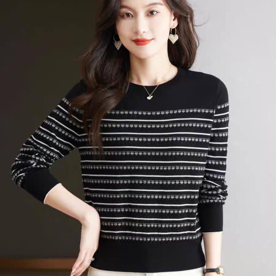 Gestreifter Strickpullover Damen Herbstoberteil Herbst und Winter Innenpullover Unterziehpullover Wollstrickpullover 2XL schwarz von Joom DACH