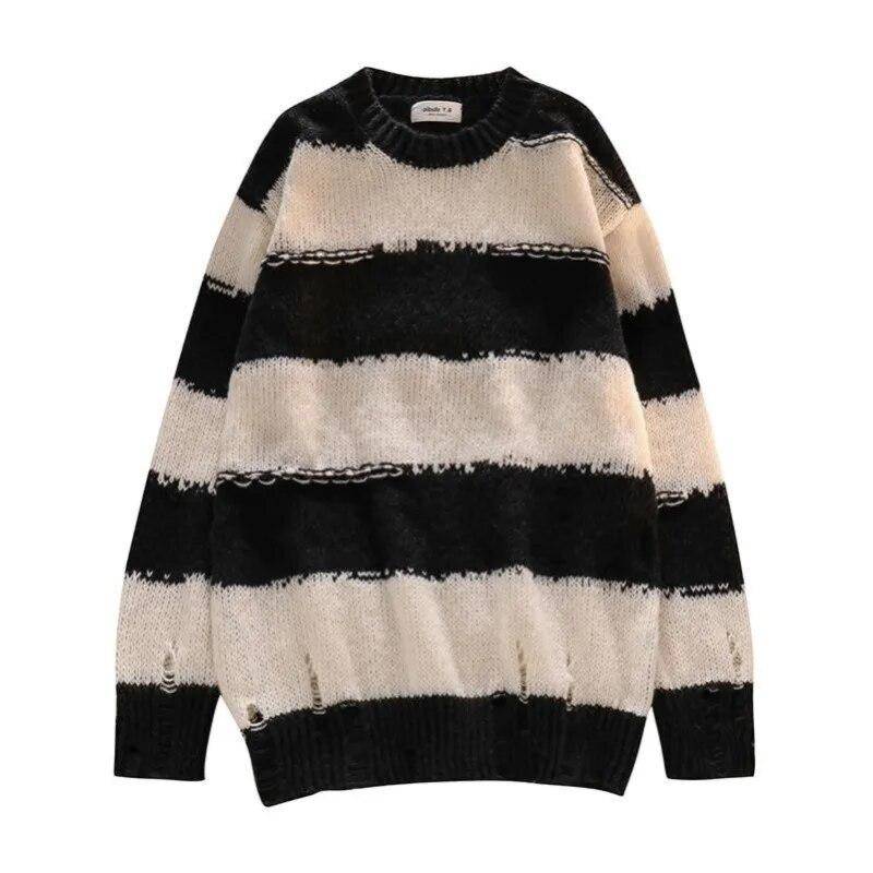Gestreifter lockerer Pullover Strickpullover Damen Langarm Top Loch Gothic Streetwear Fashion Jumper Vintage Frühling Herbst S schwarz von Joom DACH
