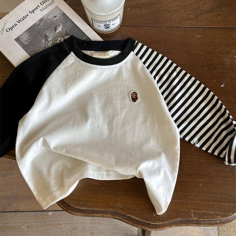 Gestreiftes Kinder-T-Shirt aus reiner Baumwolle mit langen Ärmeln, Frühlings-Baby-Oberteil im Farbblockdesign im koreanischen Stil für Jungen und Mädchen 80cm von Joom DACH