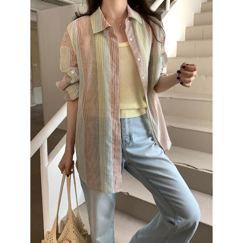 Gestreiftes Langarm-Sonnenhemd Damen Frühling und Sommer Neu Lässig Locker und Dünn Cardigan Hemd Top M rot von Joom DACH