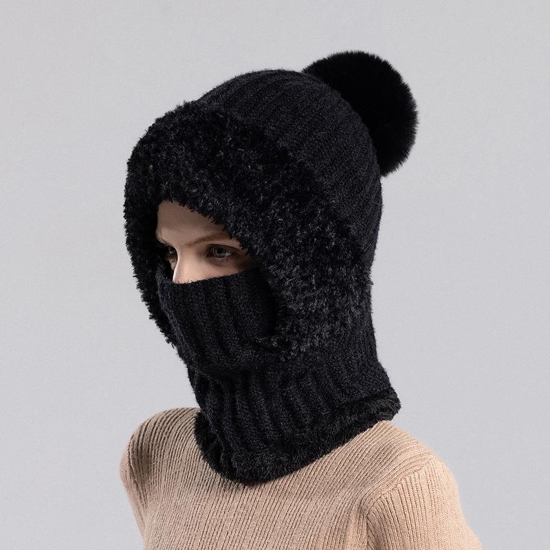 Gestrickte Mütze Hals integrierte Mütze Damen Winter Radfahren winddicht samt warme Wollmütze samt Verdickung Ski Cap Skullies Beanies schwarz von Joom DACH