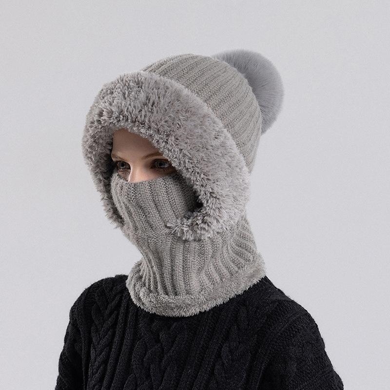 Gestrickte Mütze Hals integrierte Mütze Damen Winter Radfahren winddicht samt warme Wollmütze samt Verdickung Ski Cap Skullies Beanies grau von Joom DACH