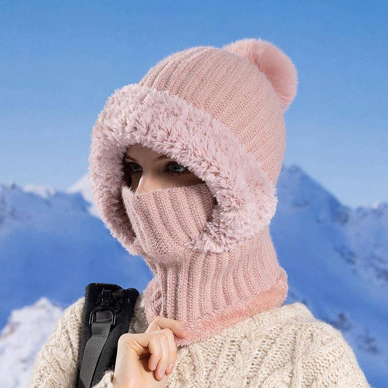 Gestrickte Mütze Hals integrierte Mütze Damen Winter Radfahren winddicht samt warme Wollmütze samt Verdickung Ski Cap Skullies Beanies rosa von Joom DACH