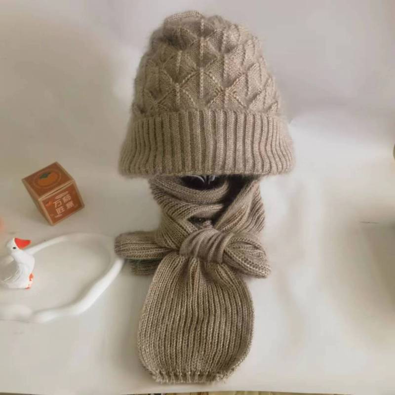 Gestrickte Mütze Schal Einteilig Zweiteilig Damen Winter Modisch Warm und Plüsch Dick Radfahren Winddicht Wollmütze One size von Joom DACH