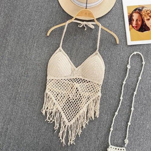 Gestrickte Quasten, ausgehöhlte Tanktops, Camis für Frauen, Böhmen-Stil, Hault, ärmellos, sexy Femme-Korsett, bauchfreie Tops, Strand-Tank-Camisoles One Size apricot von Joom DACH