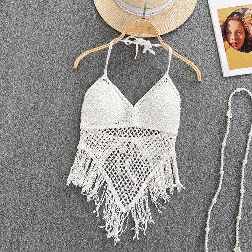 Gestrickte Quasten, ausgehöhlte Tanktops, Camis für Frauen, Böhmen-Stil, Hault, ärmellos, sexy Femme-Korsett, bauchfreie Tops, Strand-Tank-Camisoles One Size weiß von Joom DACH