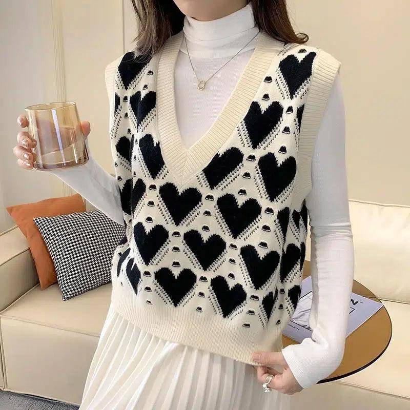 Gestrickte Strickweste Herbst V-Ausschnitt Ärmellos Strickware Lässig Love-Print Damen Pullover Weste Vintage Locker Preppy Pullover XL weiß von Joom DACH