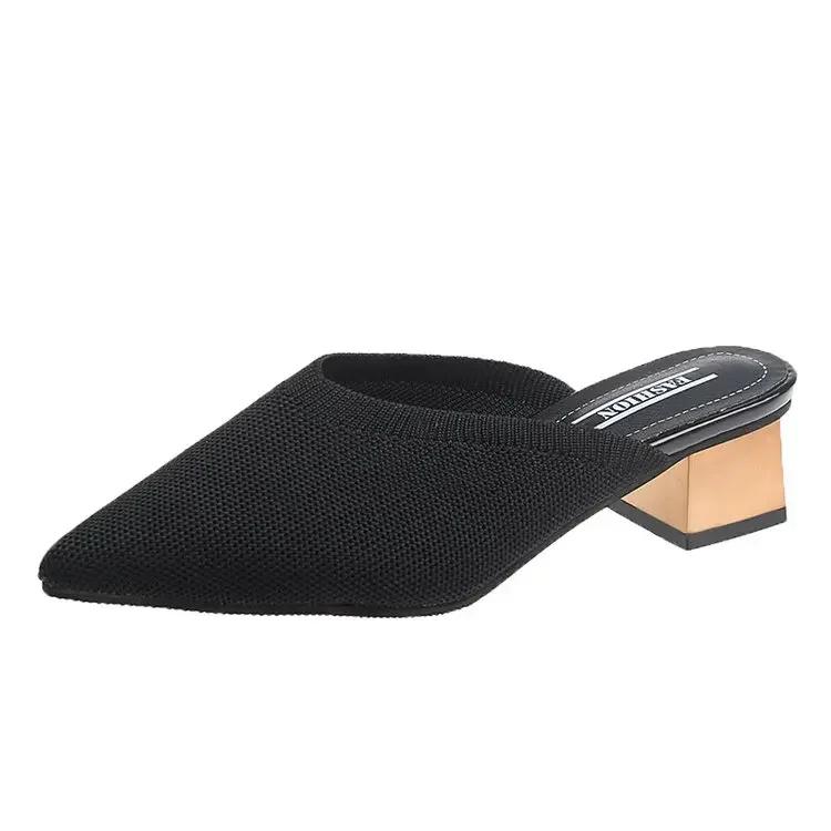 Gestrickte elastische Mesh-Hausschuhe mit spitzer Spitze für Damen, neue Sommerschuhe, modisch, flacher mittlerer Absatz, Damenschuhe mit quadratischem Absatz, Pantoletten 39 schwarz von Joom DACH