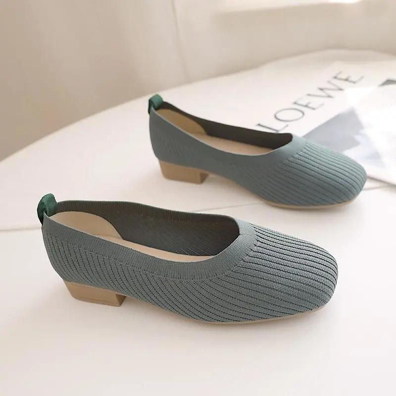 Gestrickte flache Schuhe Damen Frühling Koreanisch Allround Quadratische Zehen Erbsenschuhe Flacher Ausschnitt Quadratische Zehen Gestrickte Einzelne Schuhe Slipper Atmungsaktive Oma-Schuhe 35 grün von Joom DACH