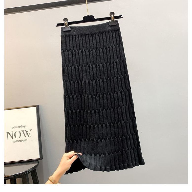 Gestrickter, gerader Schlauchrock für Damen, mittellanger bis langer Winter-Plissee-Rock mit lässigen Pit-Streifen und hoher Taille und umwickeltem Gesäß 3XL von Joom DACH