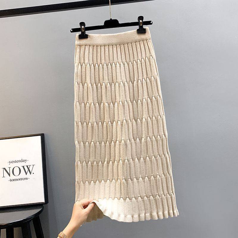 Gestrickter, gerader Schlauchrock für Damen, mittellanger bis langer Winter-Plissee-Rock mit lässigen Pit-Streifen und hoher Taille und umwickeltem Gesäß 3XL von Joom DACH