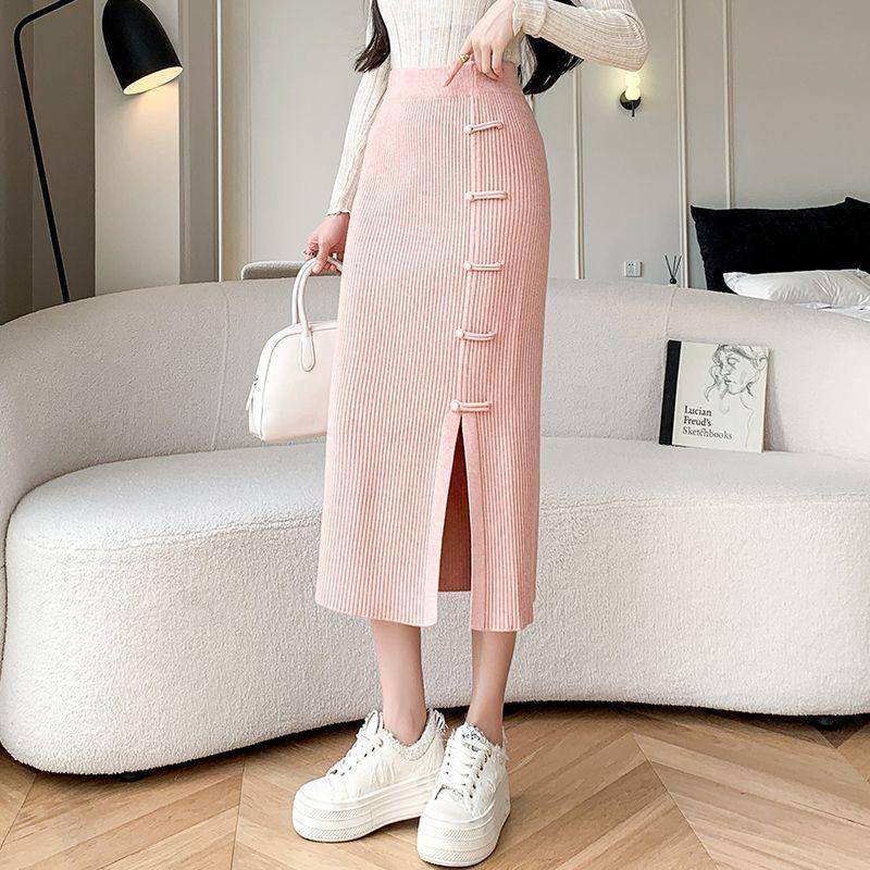 Gestrickter Midi-Rock für Damen Winter Hochtailliert mit Schnalle und Schlitz A-Linien Midilänge Rock XL rosa von Joom DACH