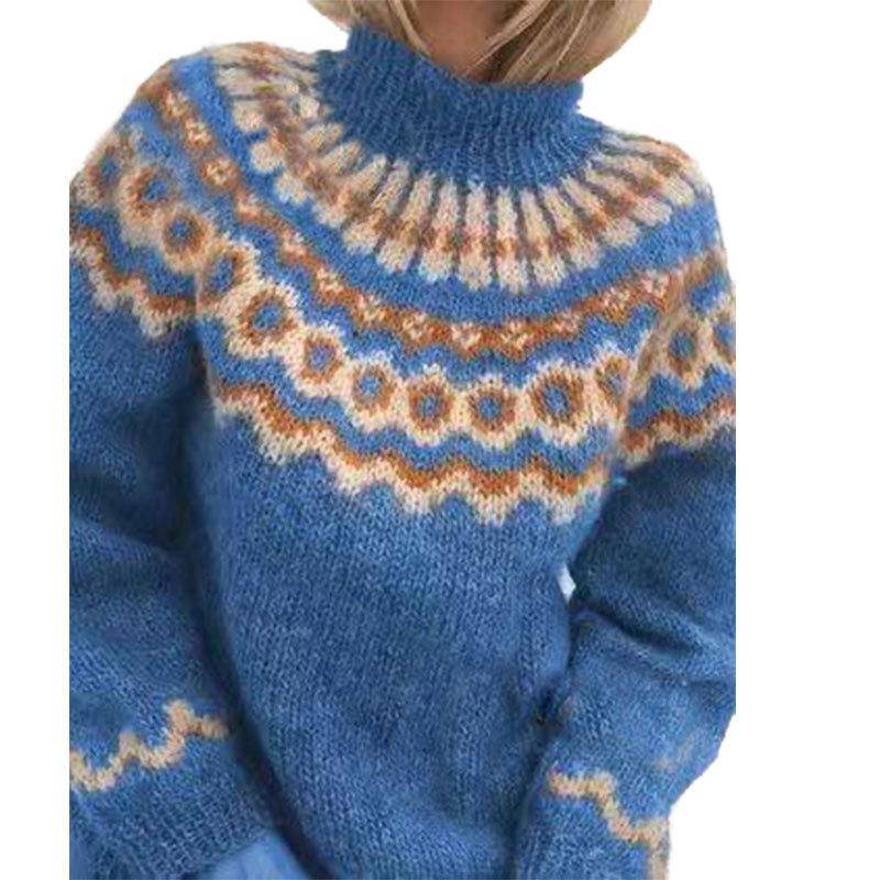 Gestrickter Nordic-Pullover für Damen mit hohem Rollkragenpullover, lässiger Pullover, Winteroberteile L blau von Joom DACH